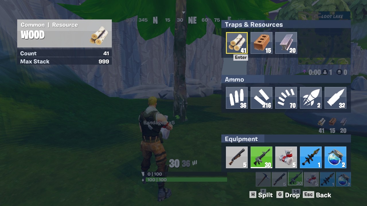FortniteS1 inventory showing wood, ammunition and equipment at Loot Lake.