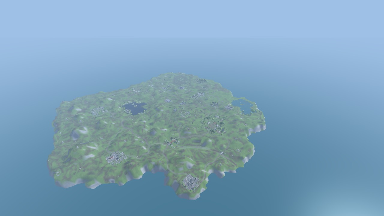 Aerial view of the recreated Chapter 1 island surrounded by blue sky and water.