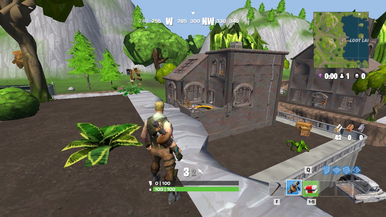 Player overlooking buildings and trees beside Loot Lake.